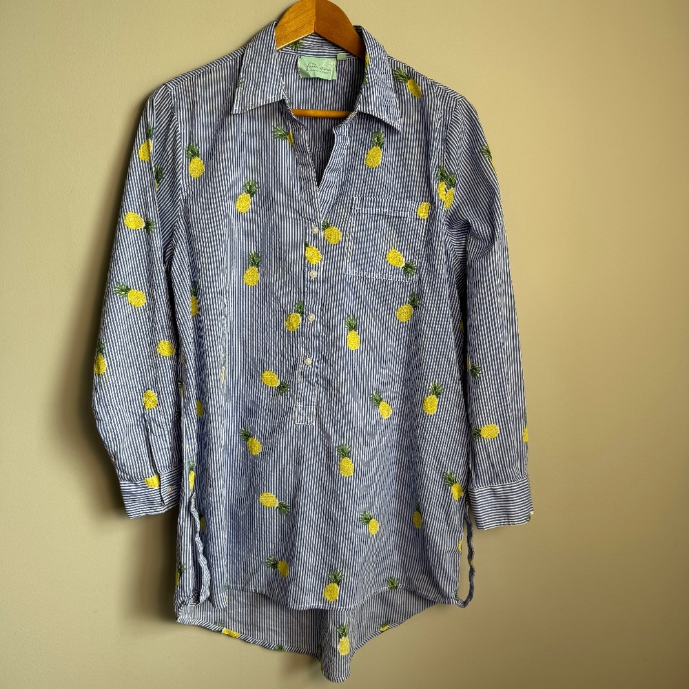 True Destinations Pineapple Long Sleeve 1/2 Button Tunic Beach Cover Shirt M
